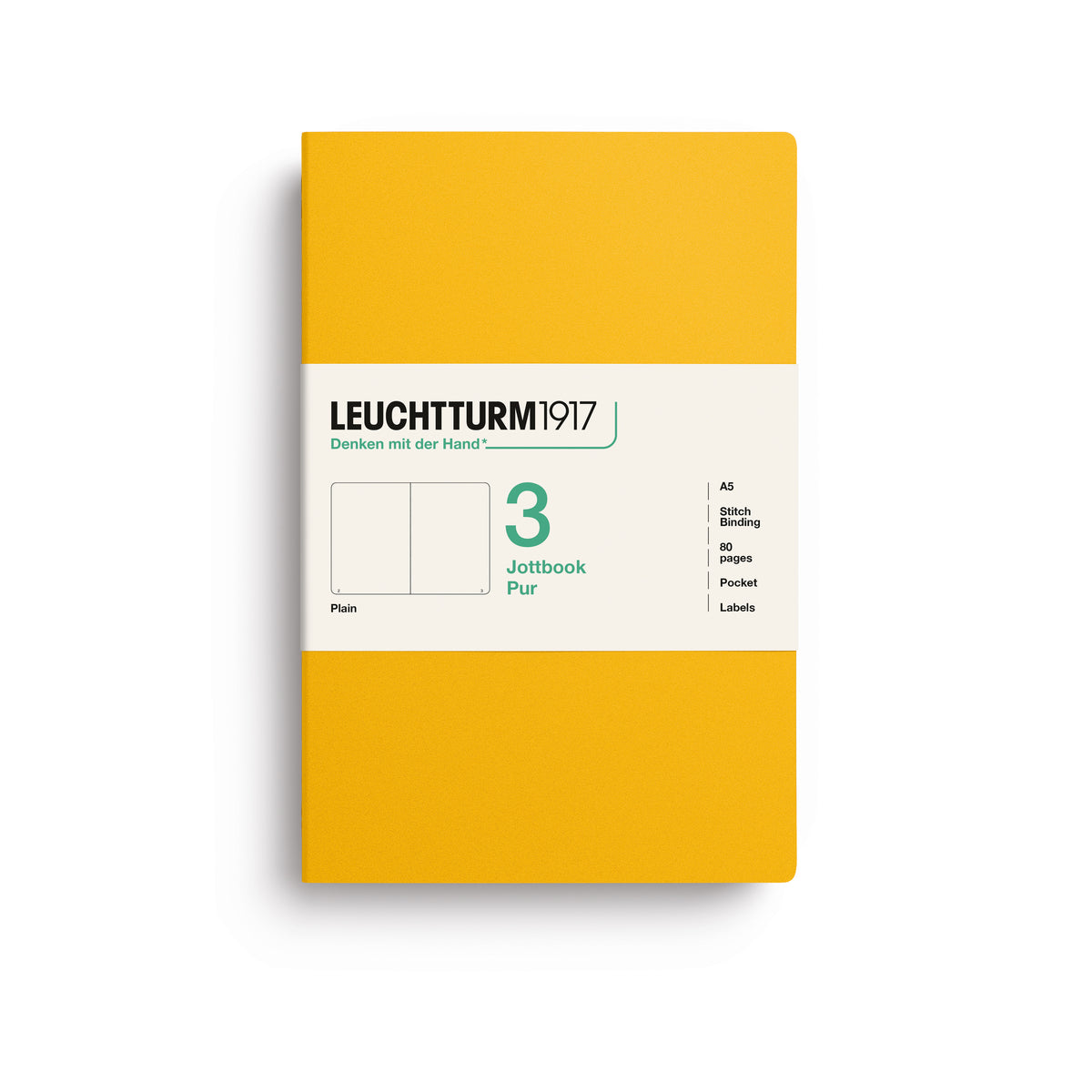A Leuchtturm1917 3 pack of A5 notebooks with sunflower cover and plain pages, shown with a bellyband with product details, on a clean white background.