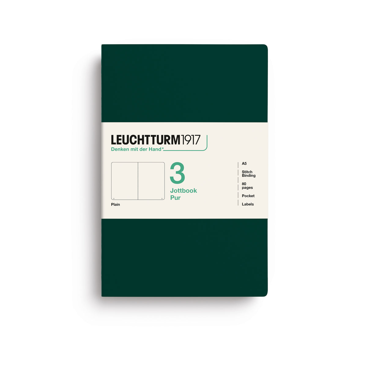 A Leuchtturm1917 3 pack of A5 notebooks with forest green cover and plain pages, shown with a bellyband with product details, on a clean white background.