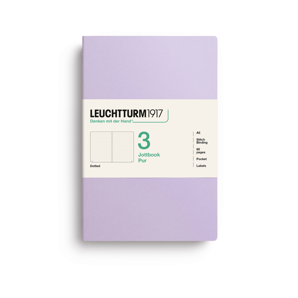 A Leuchtturm1917 3 pack of A5 notebooks with lilac cover and dotted pages, shown with a bellyband with product details, on a clean white background.