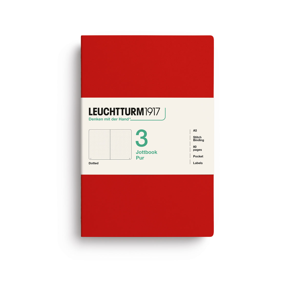 A Leuchtturm1917 3 pack of A5 notebooks with cherry cover and dotted pages, shown with a bellyband with product details, on a clean white background.