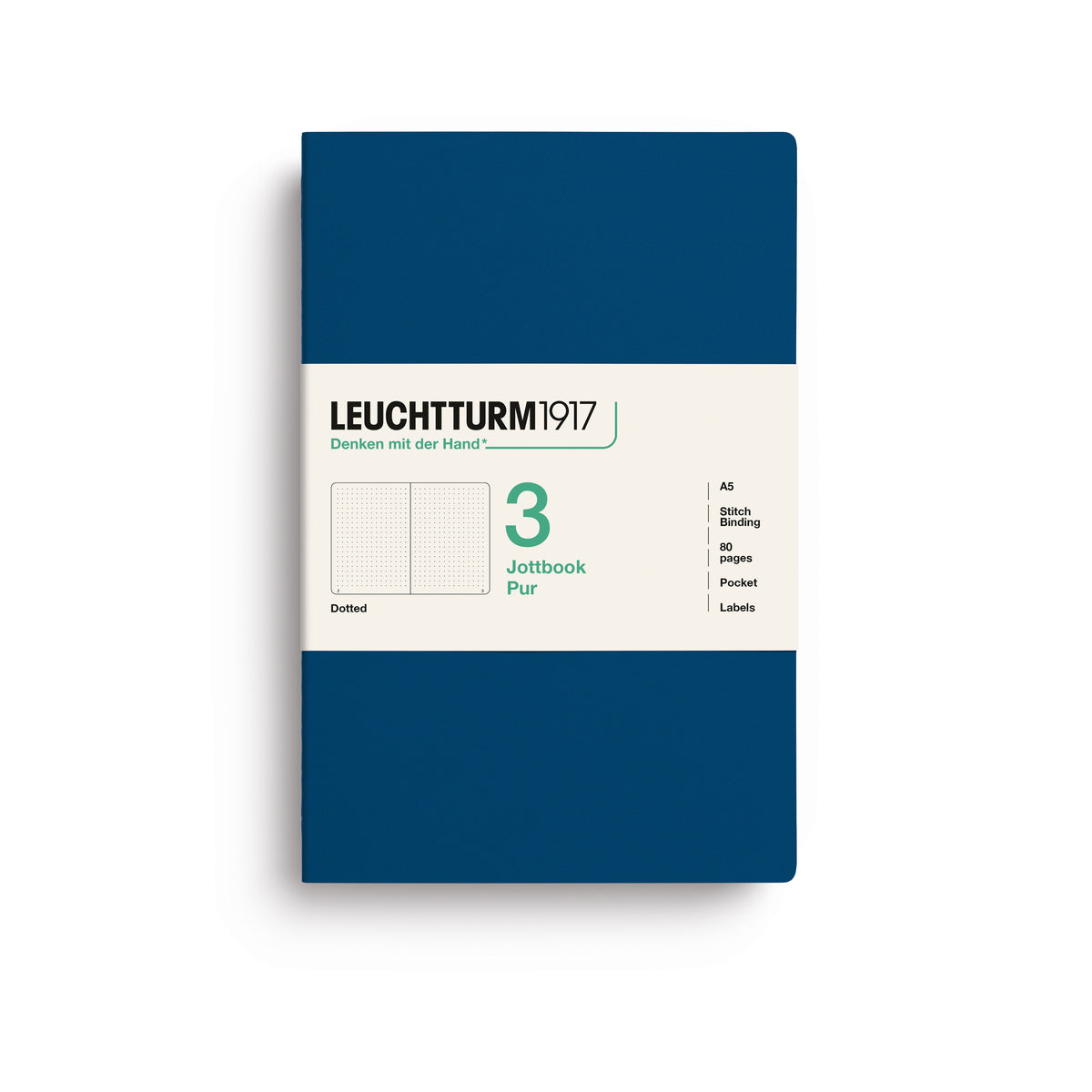 A Leuchtturm1917 3 pack of A5 notebooks with indigo cover and dotted pages, shown with a bellyband with product details, on a clean white background.