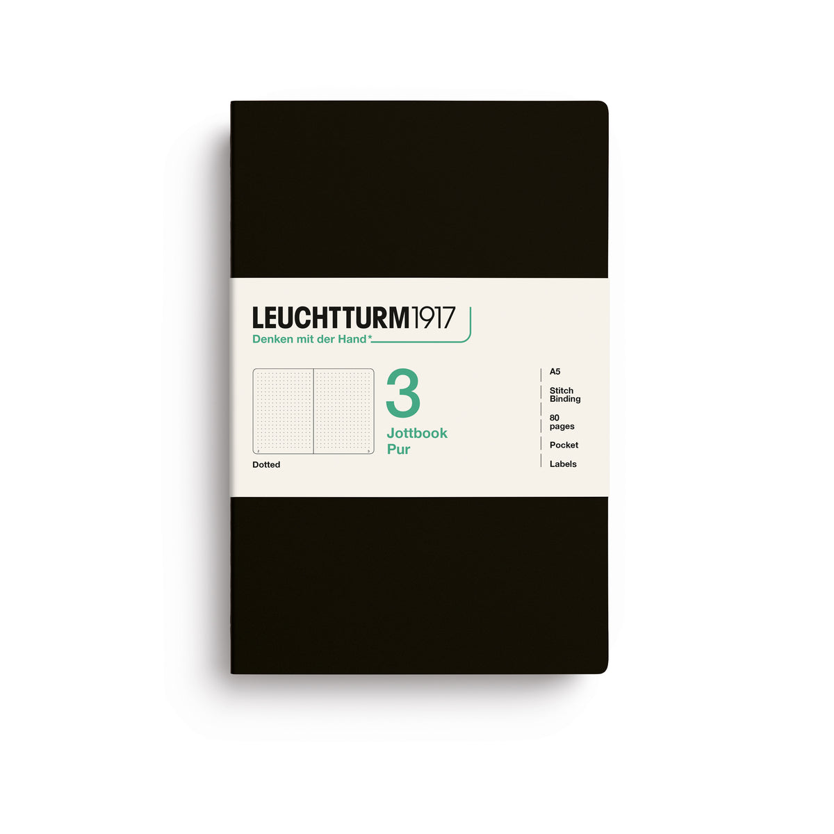 A Leuchtturm1917 3 pack of A5 notebooks with black cover and dotted pages, shown with a bellyband with product details, on a clean white background.