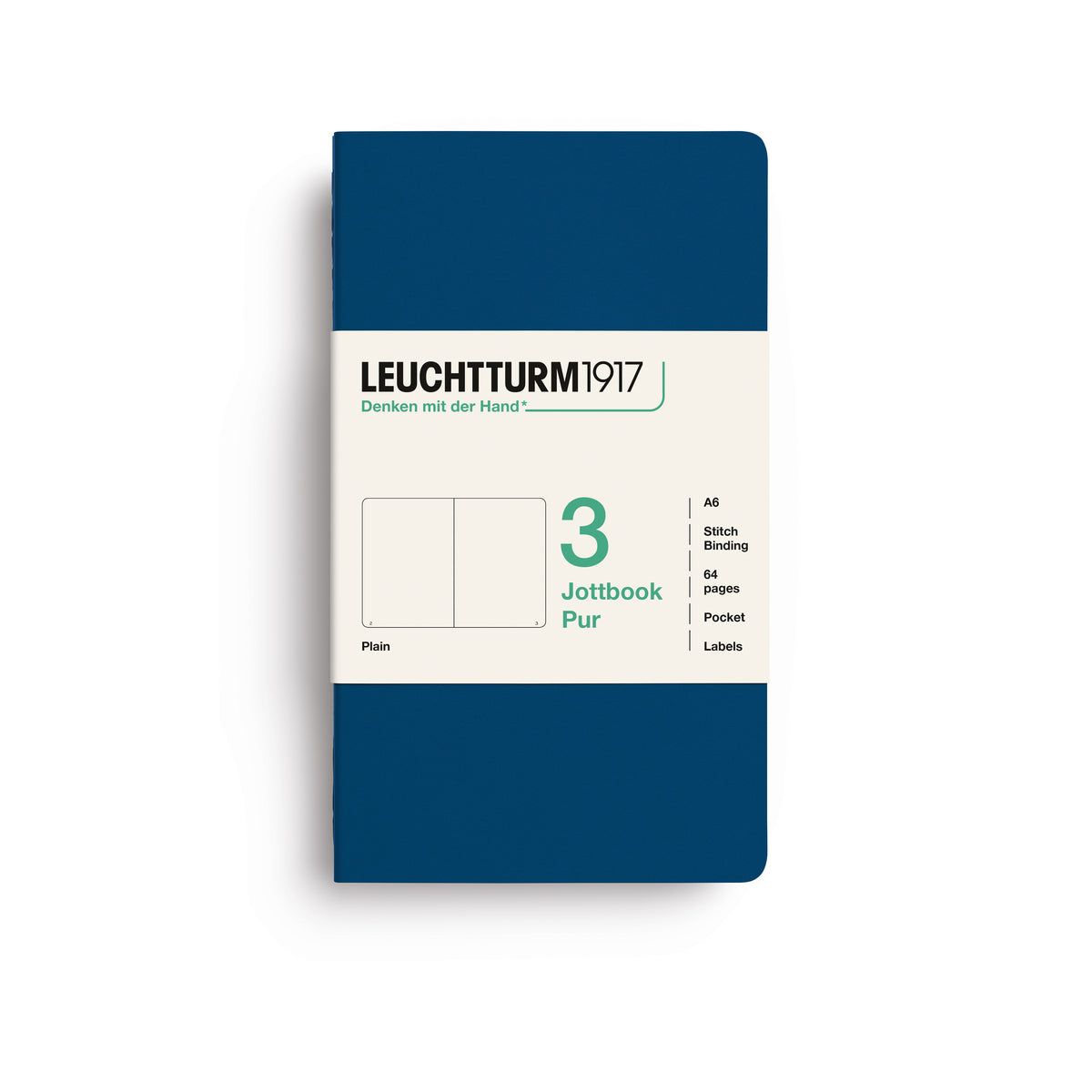 A Leuchtturm1917 3 pack of notebooks with indigo cover and plain pages, shown with a bellyband with product details, on a clean white background.