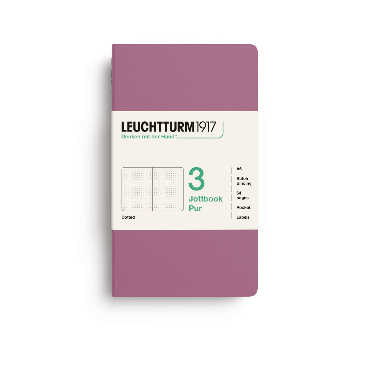 A Leuchtturm1917 3 pack of notebooks with dusty rose cover and dotted pages, shown with a bellyband with product details, on a clean white background.