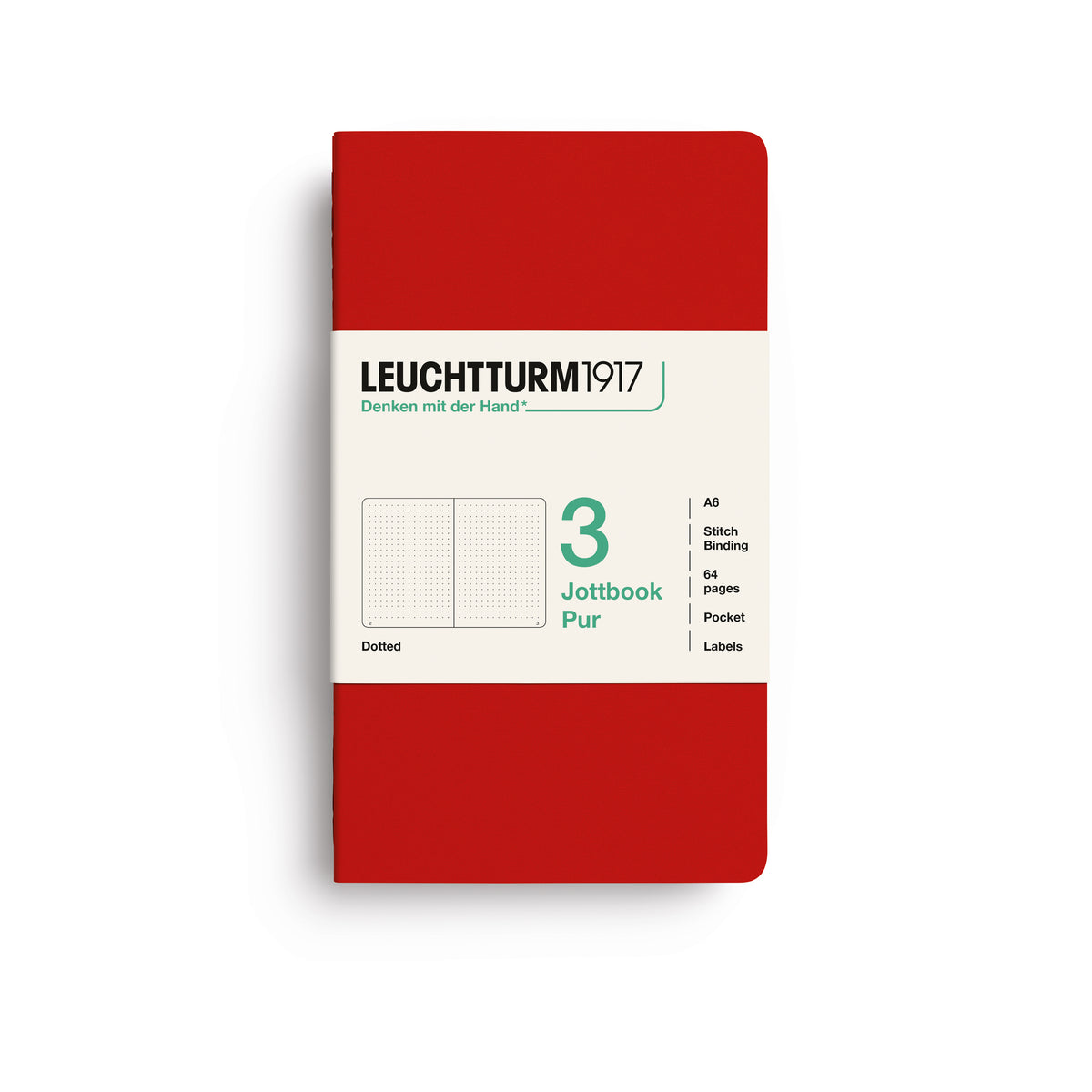 A Leuchtturm1917 3 pack of notebooks with cherry cover and dotted pages, shown with a bellyband with product details, on a clean white background.