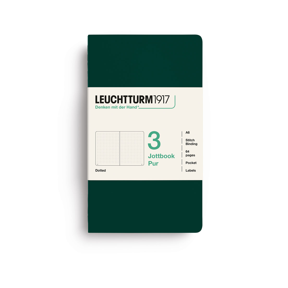 A Leuchtturm1917 3 pack of notebooks with forest green cover and dotted pages, shown with a bellyband with product details, on a clean white background.