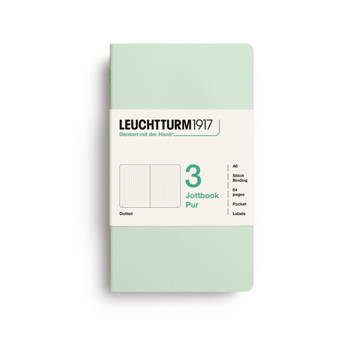 A Leuchtturm1917 3 pack of notebooks with mint green cover and dotted pages, shown with a bellyband with product details, on a clean white background.
