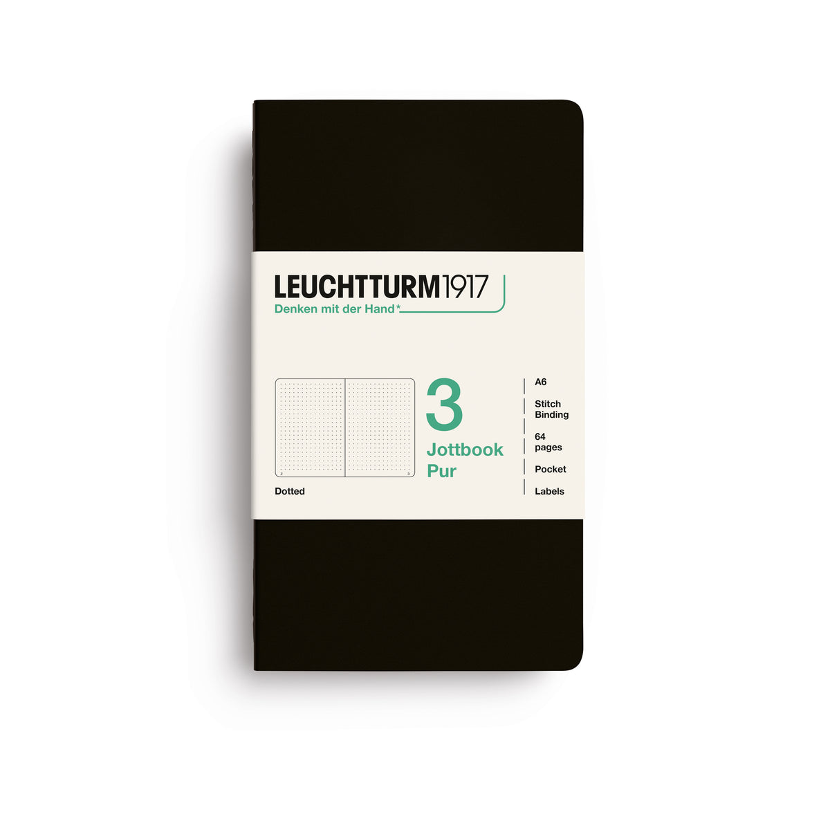 A Leuchtturm1917 3 pack of notebooks with black cover and dotted pages, shown with a bellyband with product details, on a clean white background.