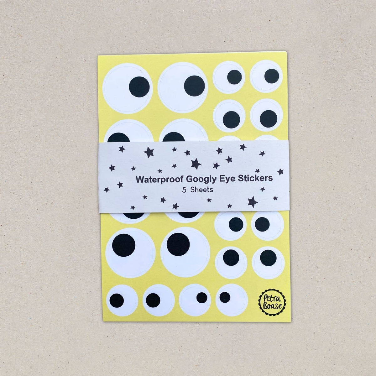 Googly Eyes Waterproof Stickers 5 Sheet Pack shown with belly band packaging by penny black