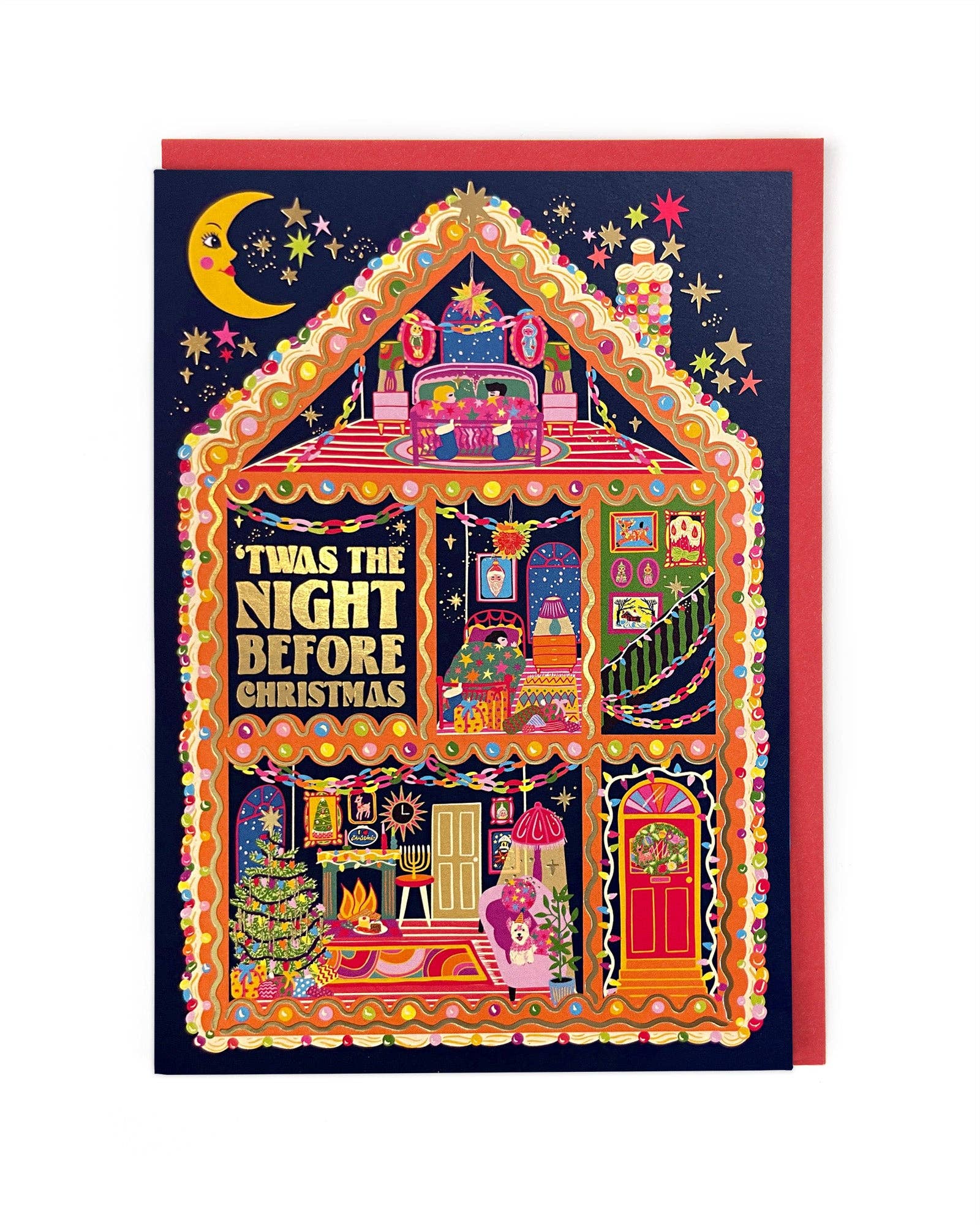 A Christmas greeting card featuring a whimsical, highly detailed dollhouse illustration with the text "'Twas the Night Before Christmas" on a dark navy background, shown with a red envelope behind it.