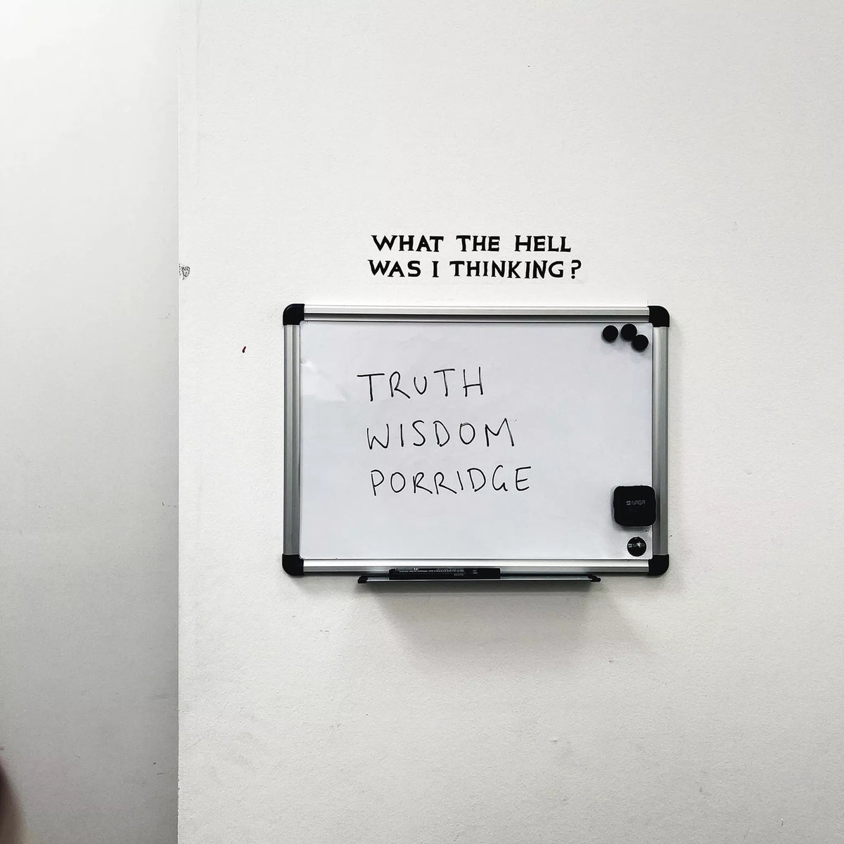 What The Hell Was I Thinking? David Shrigley Bumper Sticker by penny black shown in an office