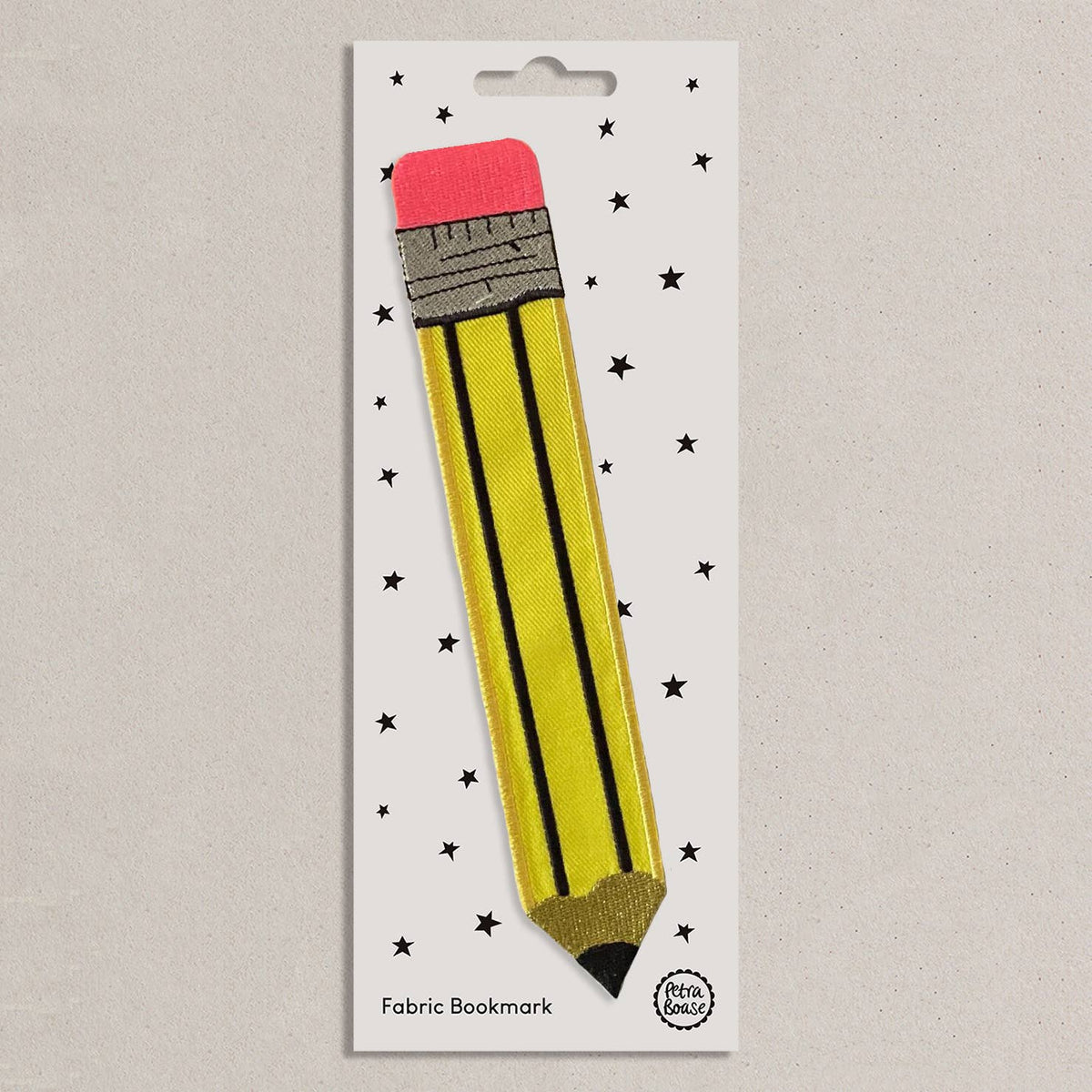 Retro Pencil Embroidered Fabric Bookmark shown on backing card packaging by penny black