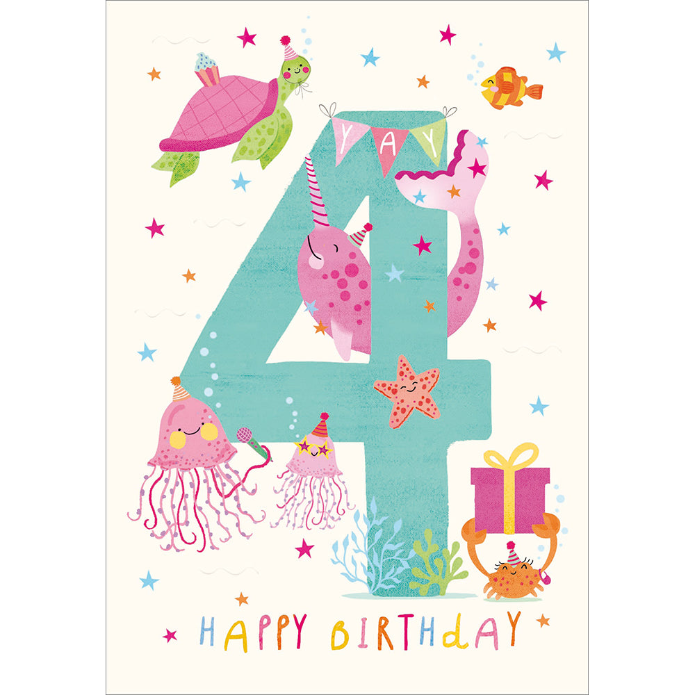 Pink Narwhal Under The Sea 4th Birthday Card at Penny Black