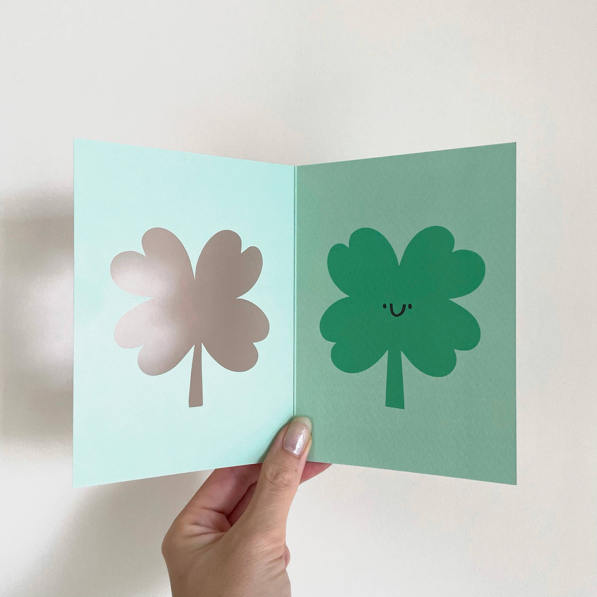 Smiling Clover Cute Cut Out Good Luck Card  - showing inside design by penny black