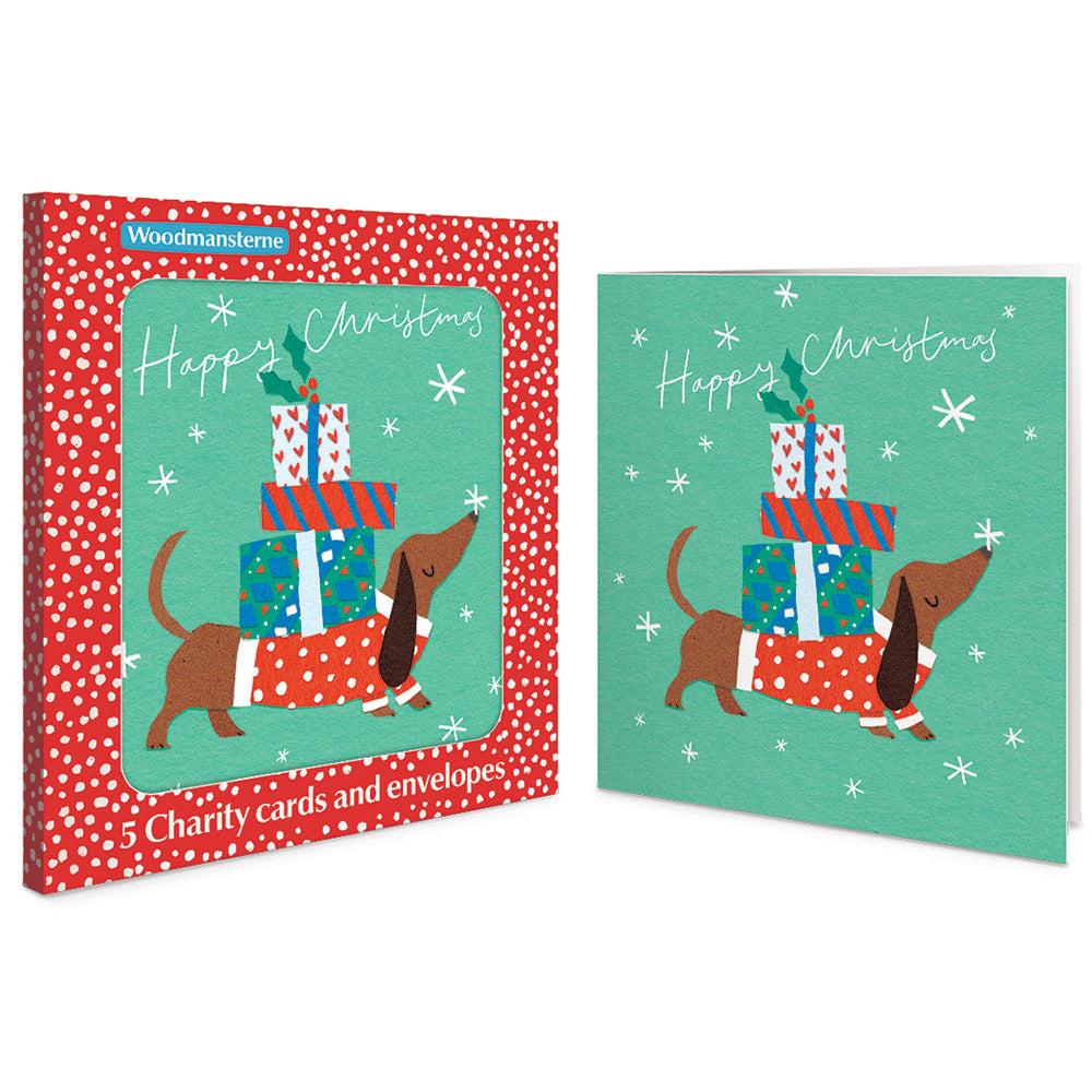 Dachshund In Jumper With Gifts Pack Of 5 Charity Christmas Cards By Penny Black