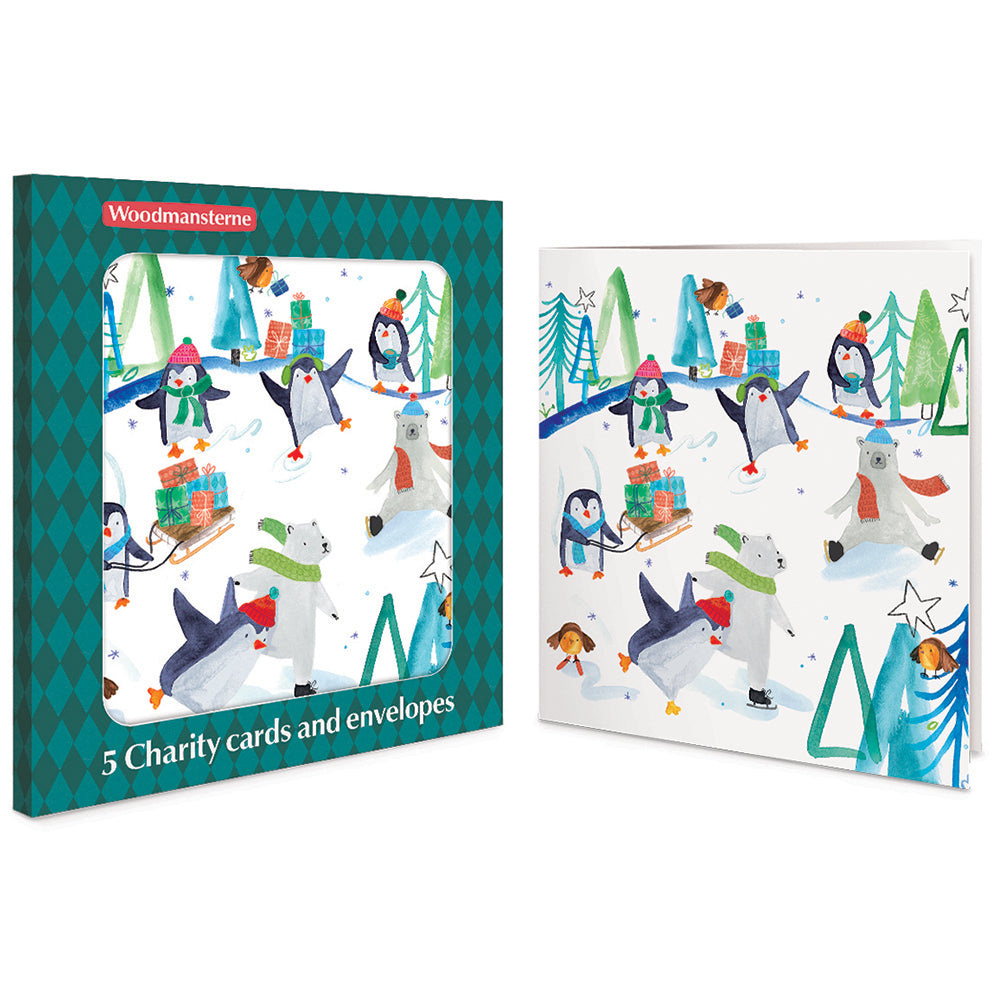 Ski Slopes Penguins & Polar Bears Pack Of 5 Charity Christmas Cards By Penny Black