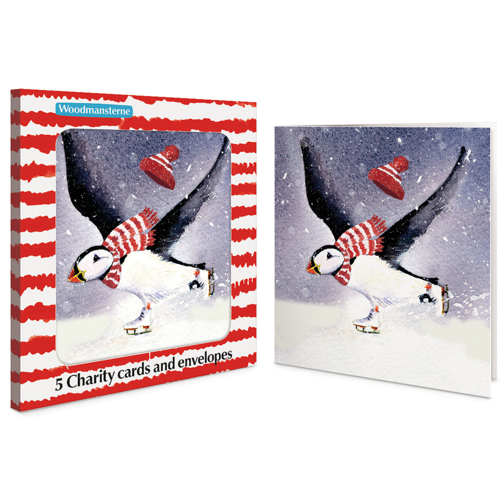 Ice Skating Puffin In Scarf Pack Of 5 Charity Christmas Cards By Penny Black
