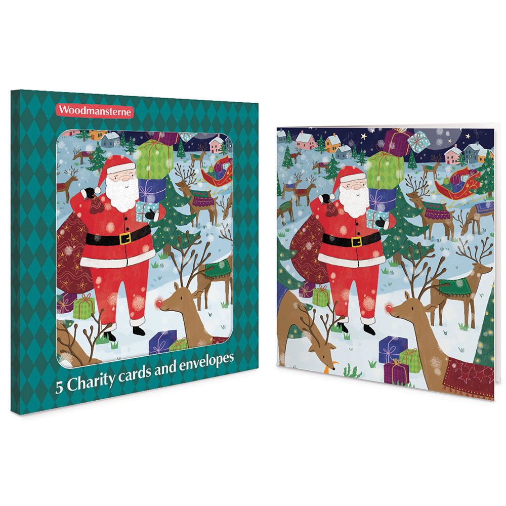 Father Christmas & His Reindeer Helpers Pack Of 5 Charity Christmas Cards By Penny Black