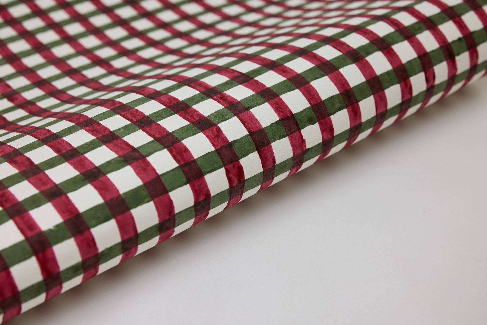 Block Printed Holly Green Plaid Christmas Wrapping Paper Sheet by paper mirchi at penny  - shown rolled