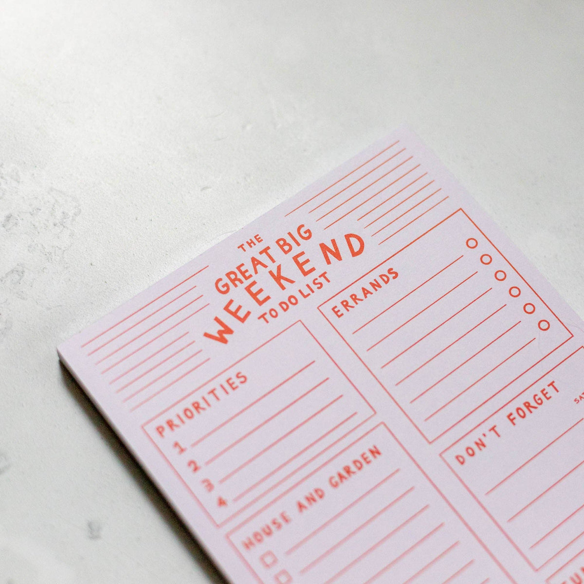 The Great Big Weekend To Do List A5 Pad by finest imaginary at penny black showing close up detail of top of the notepad