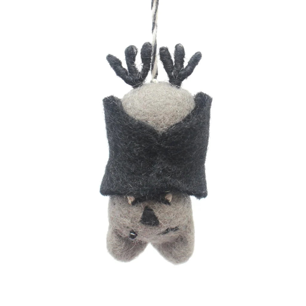 Felted hanging bat ornament on a white background by Amica at penny black