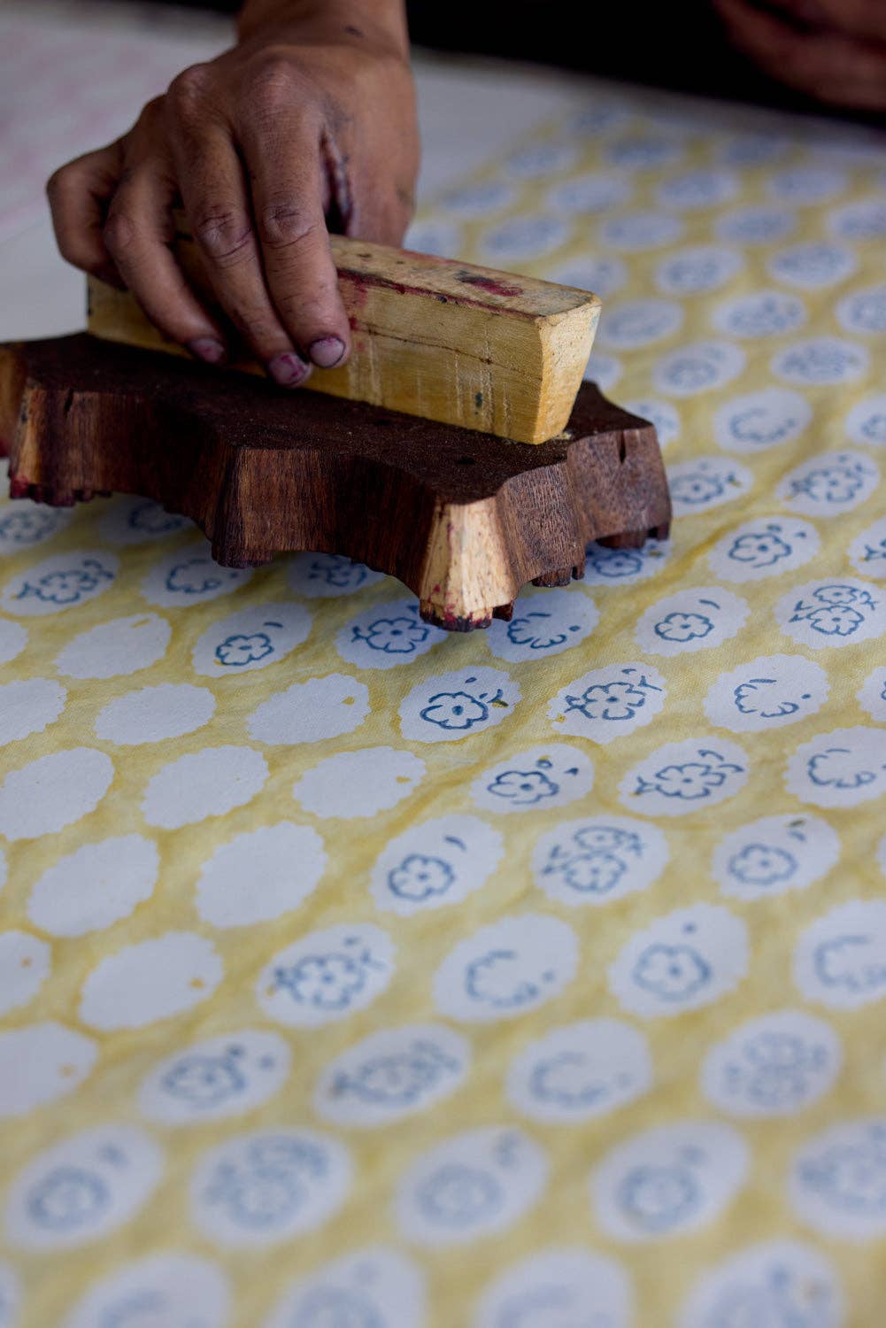 Floral Scallop Tiles Hand Block Printed Cotton Birthday Card by penny black showing print technique