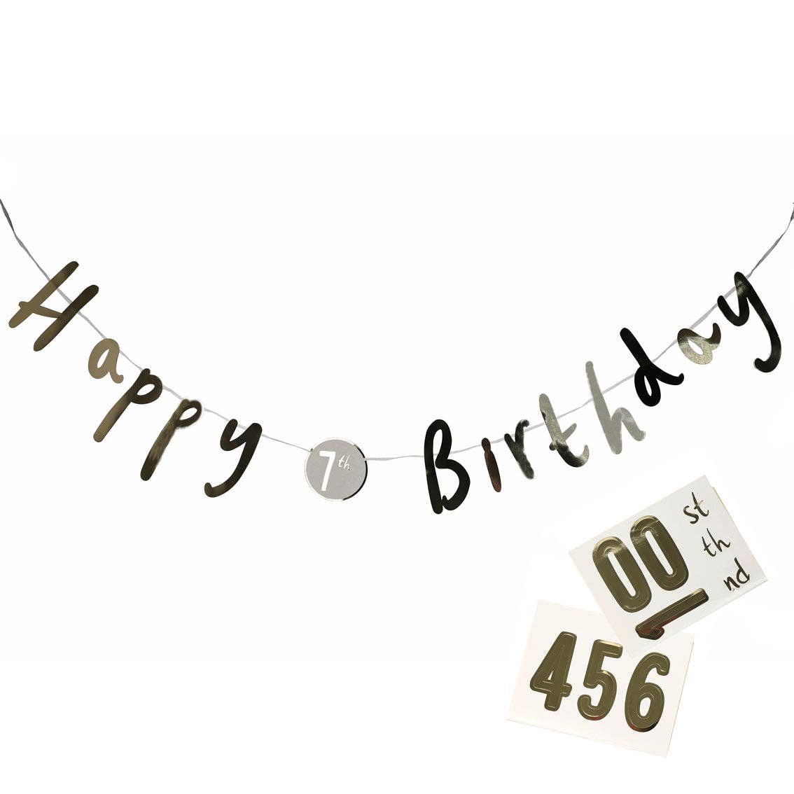 Mirror Gold Customisable Happy Birthday Garland - 3m by penny black - shown hanging with custom numbers