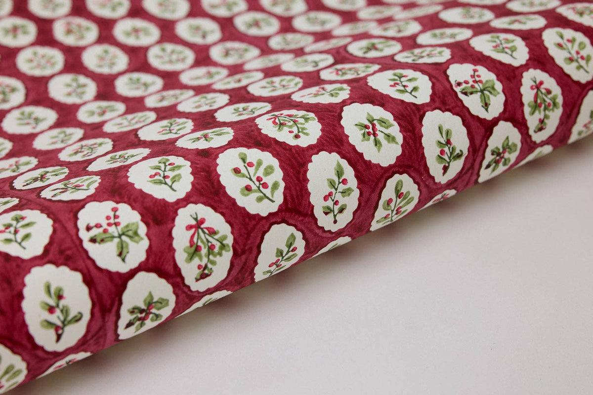Block Printed Ruby Floral Scallop Tiles Christmas Wrapping Paper Sheet by paper mirchi at penny black - shown rolled