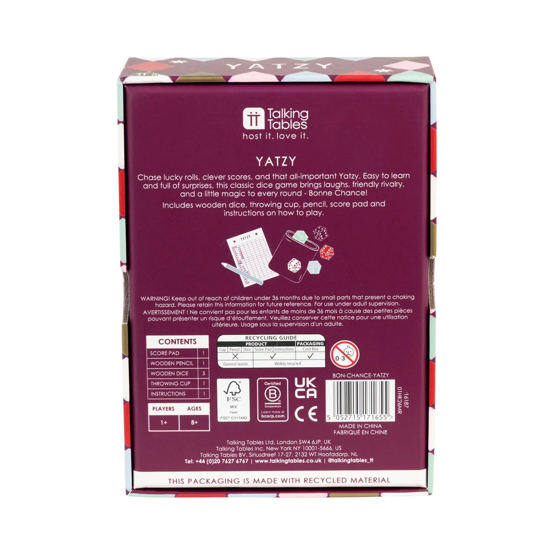 Bonne Chance Yatzy Dice Game Set By Penny Black