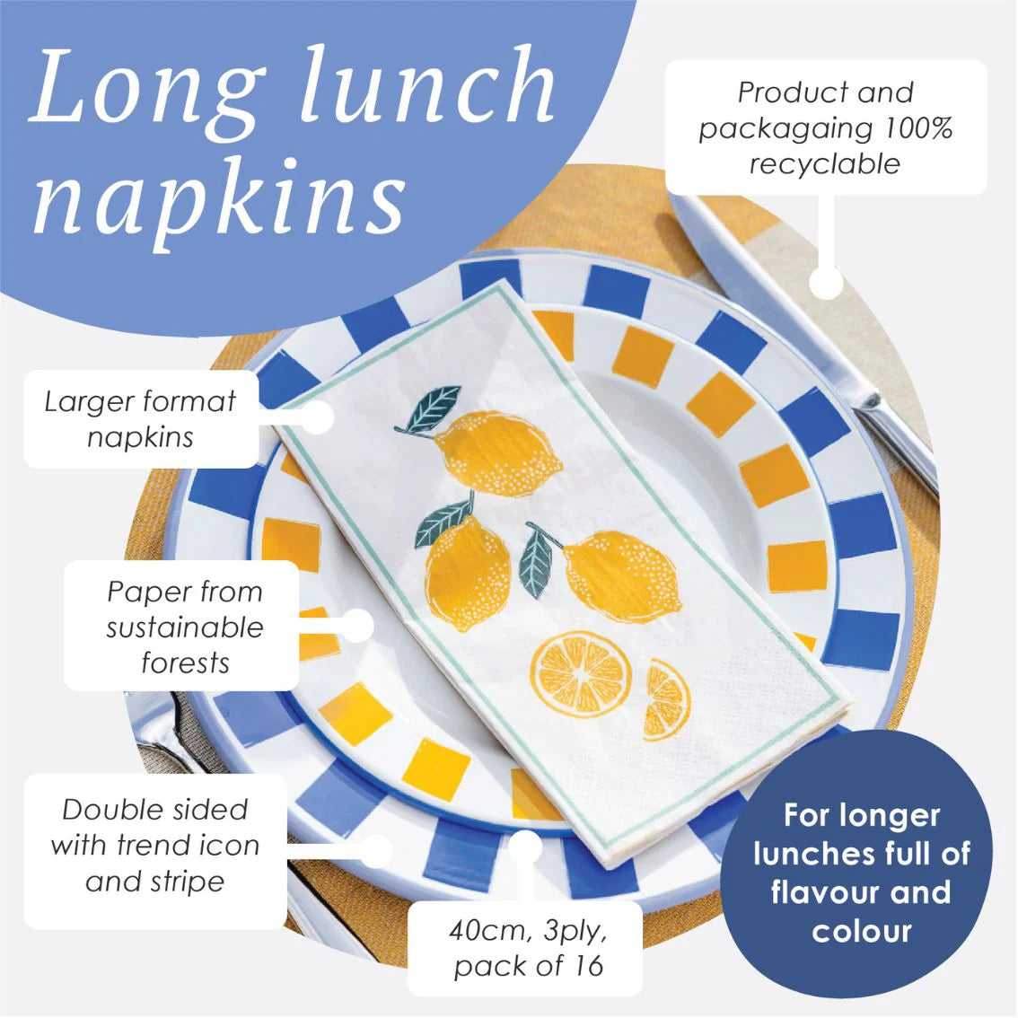Lemon Long Lunch Paper Napkins 16 Pack By Penny Black