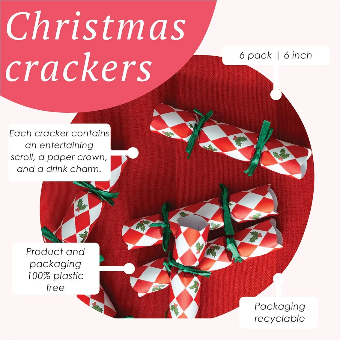 Holly Red & White Harlequin Mini Christmas Crackers 6 Pk By Penny Black