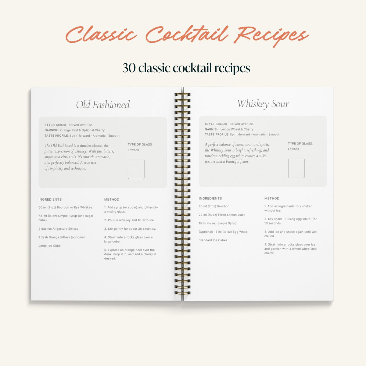 Just One More? A5 Cocktail Book showing classic cocktail recipes by penny black