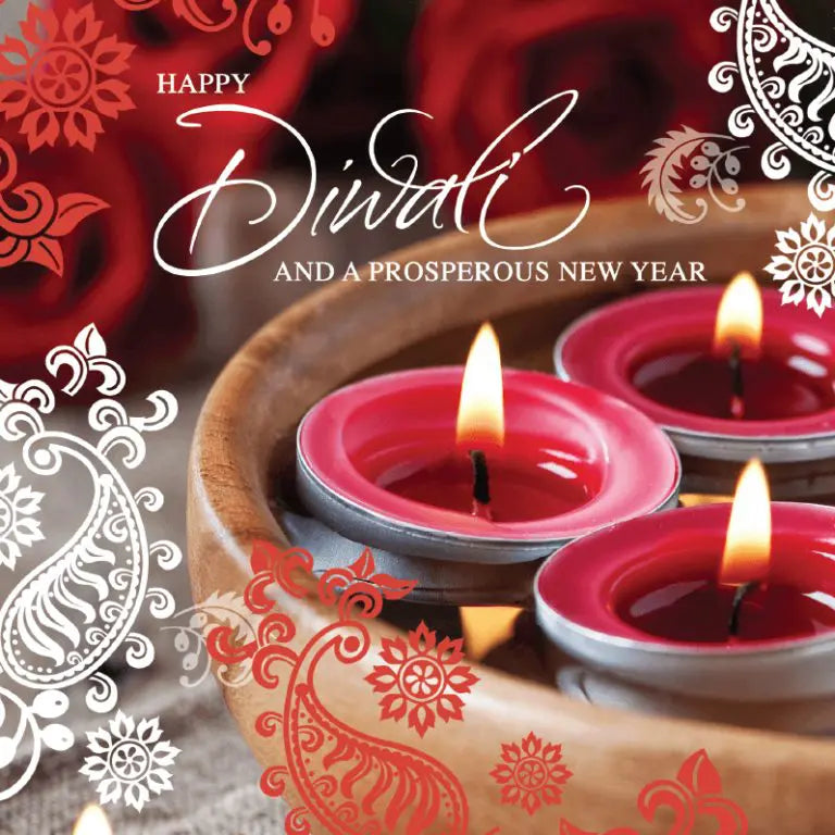 A Diwali greetings card featuring 3 red candles. Words on the card read 'Happy Diwali and a prosperous new year'.