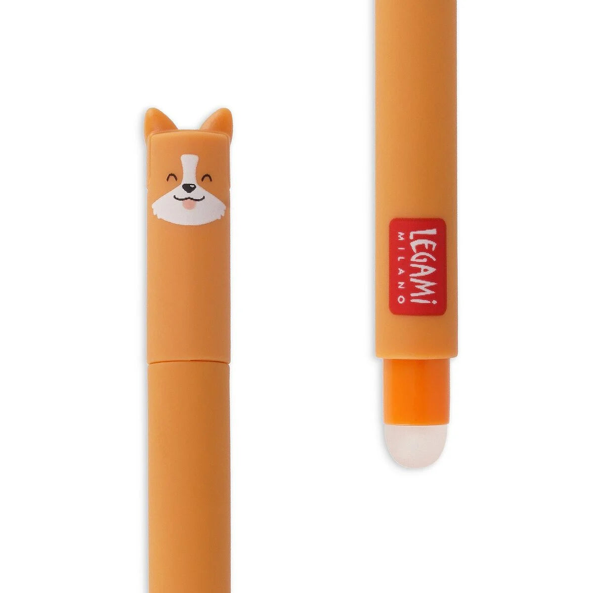 Image of an erasable pen lid and rubber in the shape of a Corgi dog.