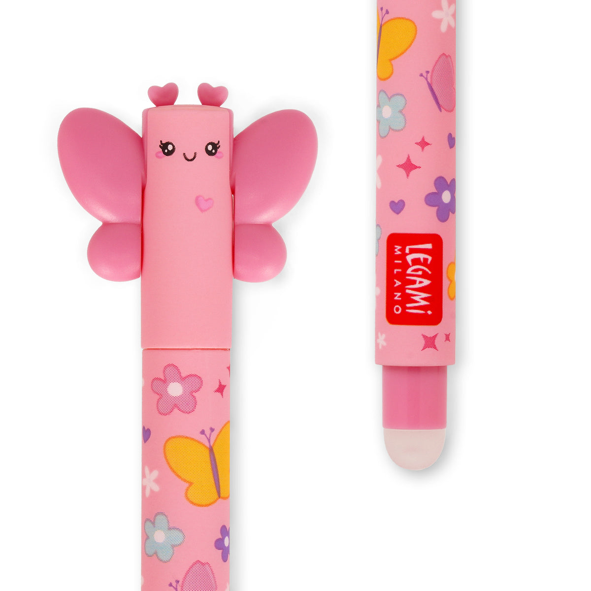 Image of an erasable pen lid and rubber in the shape of a smiling butterfly.