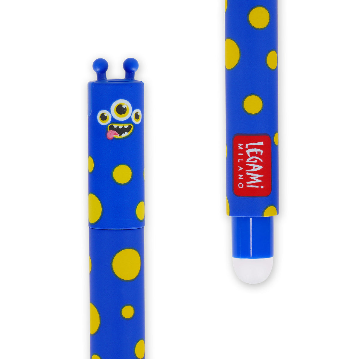 Image of an erasable pen lid and rubber in the shape of a smiling monster.