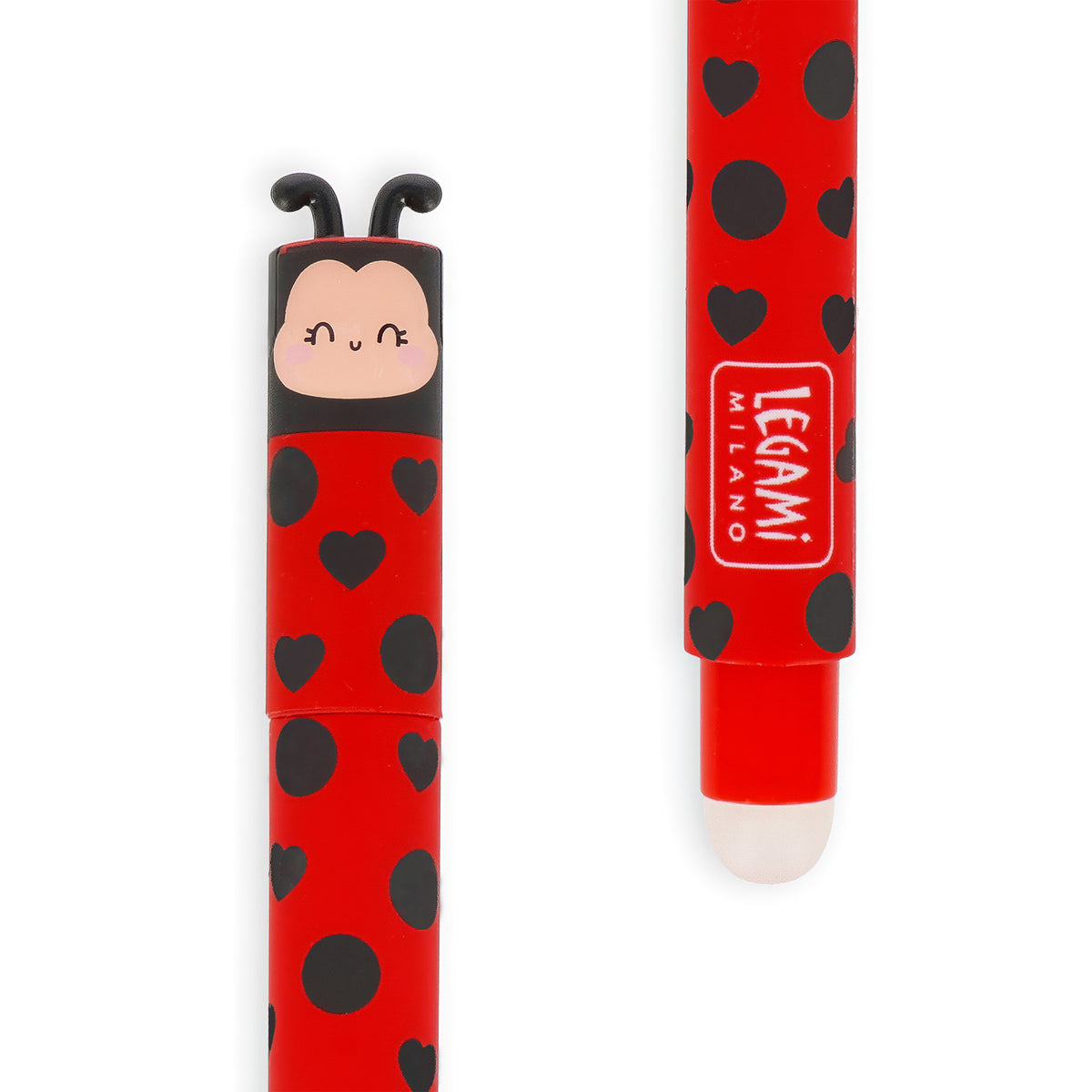 Red erasable pen with black heart patterns and a cartoon face on a white background. The lid is in the shape of a ladybirds face by Legami Milano