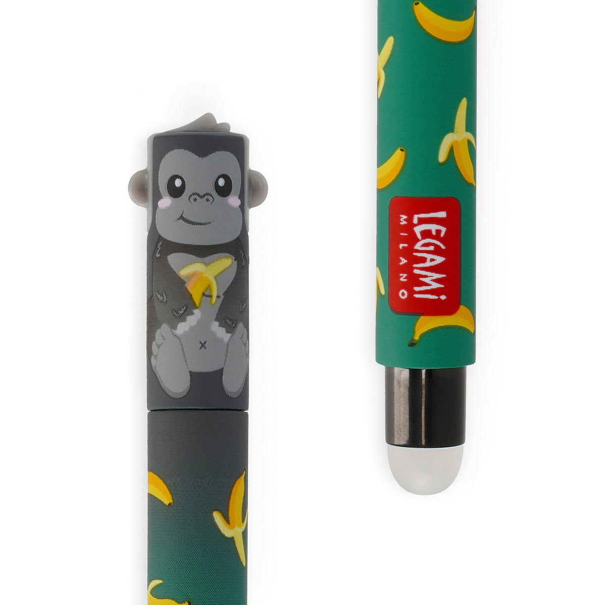 An erasable pen shown in two views on a white background: one with a cartoon gorilla holding a banana on a dark gray section, and one showing a green body with yellow banana prints and a red square label that reads 'LEGAMI MILANO'.