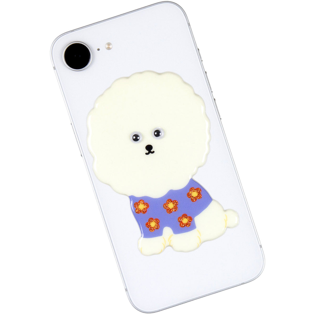 Greeting Life Googly Eye Sticker - Bichon Frisé Dog by penny black shown stuck to the back of a mobile phone