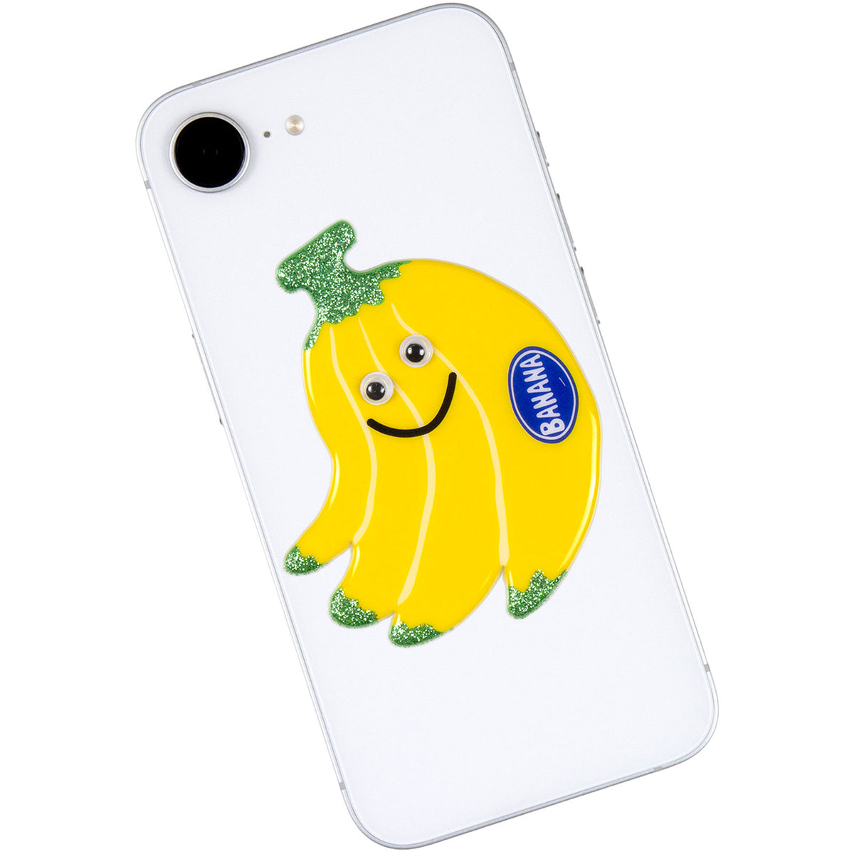 Greeting Life Googly Eye Sticker - Banana by penny black shown on back of a mobile phone