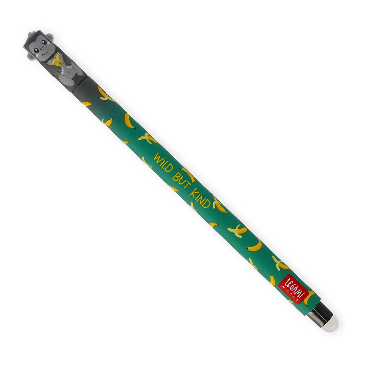 A green erasble pen with yellow banana illustrations, the text 'WILD BUT KIND', and a cartoon gorilla character at the top. Set against a plain white background.