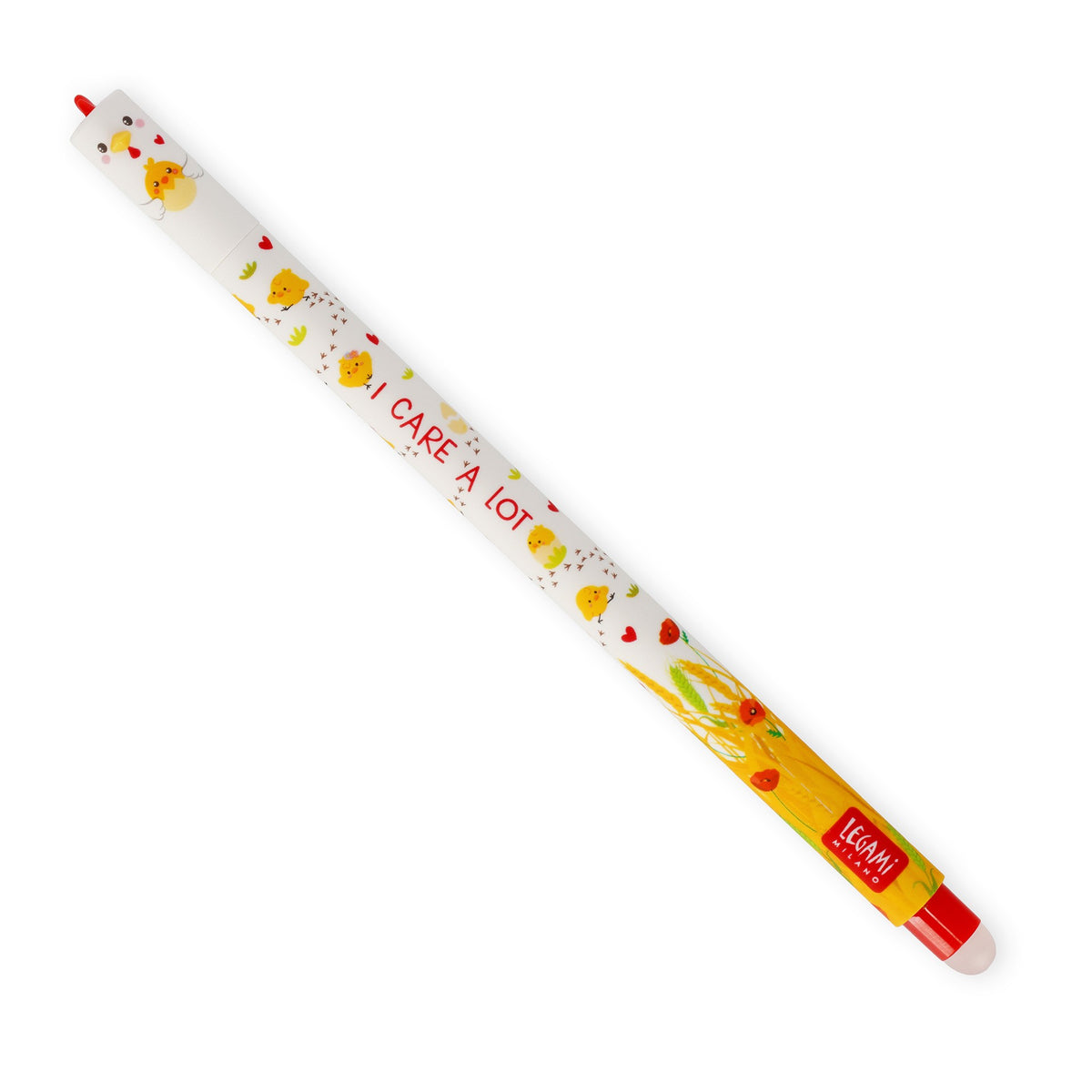 A white erasable pen with a yellow and red cartoon hen design and the text 'I CARE A LOT' printed on it, shown diagonally on a white background.
