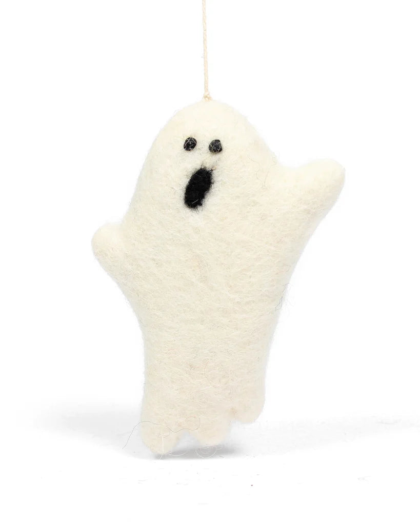 A white felt ghost ornament with a surprised face, hanging by a thin string against a plain white background by Amica at Penny Black
