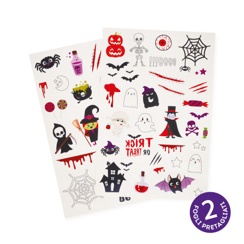 Two sheets of Halloween-themed temporary tattoos with various designs on a white background.