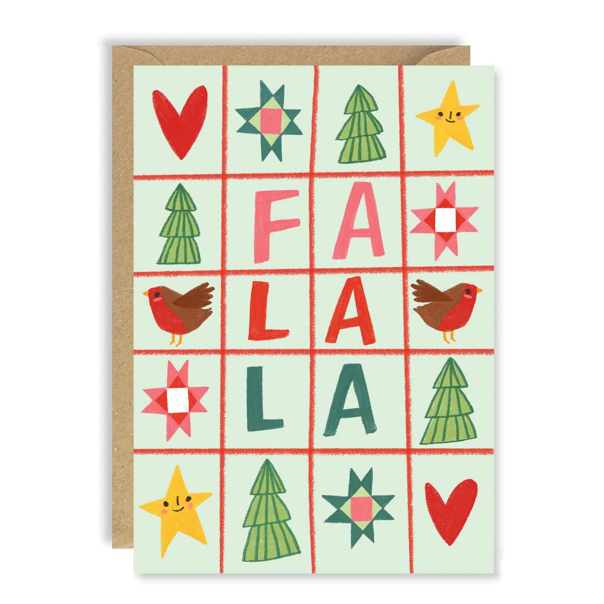 A festive greeting card with a kraft envelope behind it. The card features a grid with holiday icons like stars, trees, birds, and hearts, with the word 'FA LA LA' spelled out in large red letters.