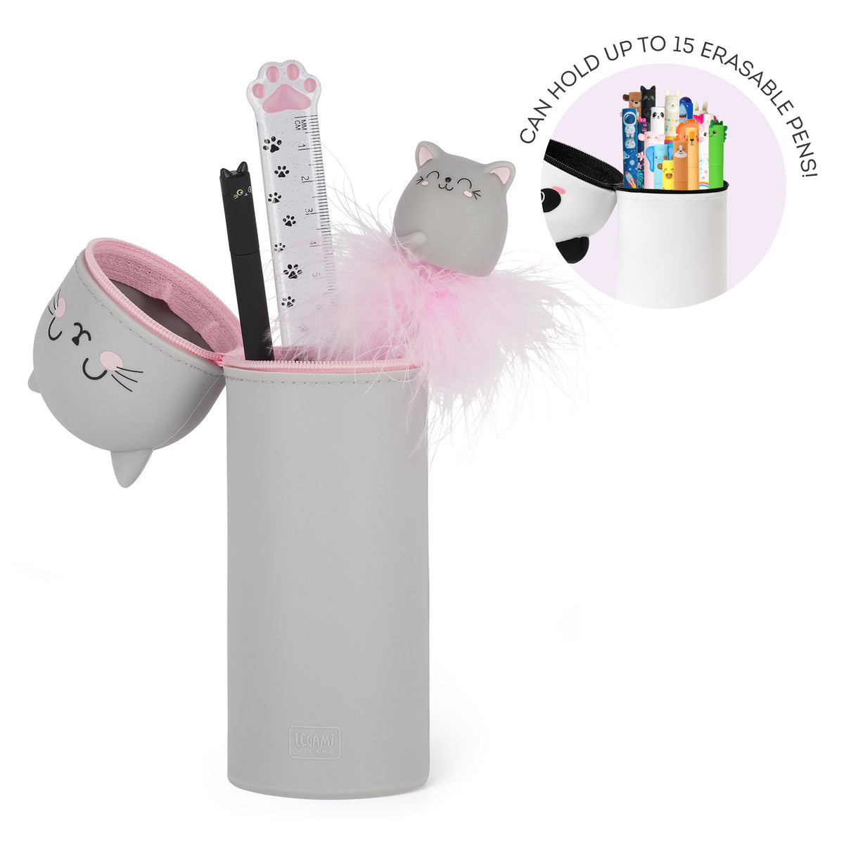 Kawaii Kitty 2-in-1 Pencil Case and Pen Holder - shown open with accessories by penny black