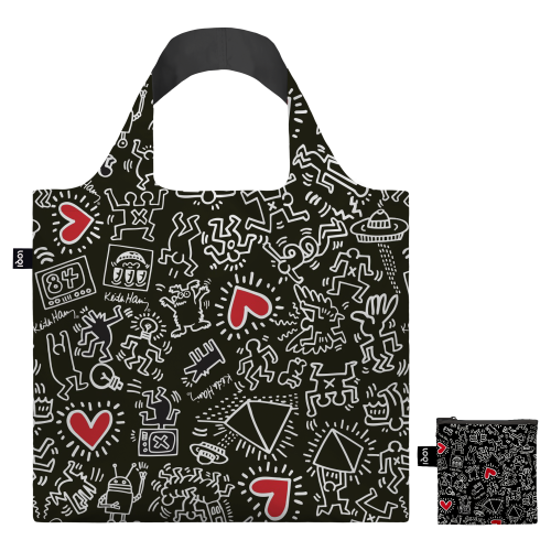 Keith Haring Black Pattern LOQI Recycled Shopping Bag In Pouch By Penny Black