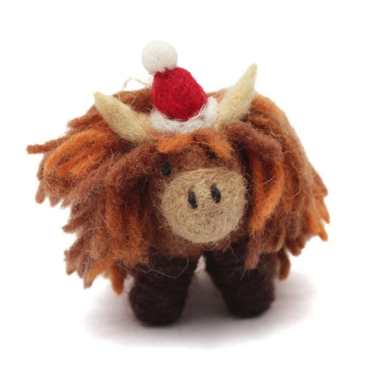 Mini Christmas Highland Cow Wool Felt Handmade Hanging Decoration
