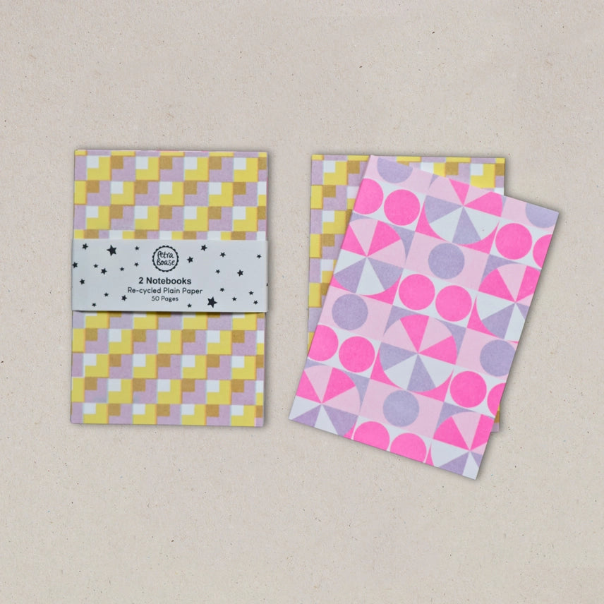 Bold Geometric Riso Print A6 Notebooks - 2pk in segments and squares design at penny black