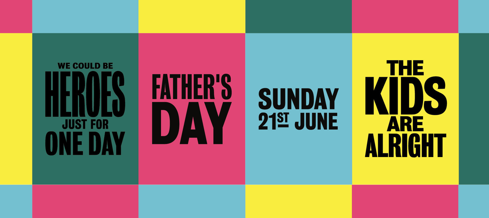 Father's Day promotional banner with colorful grid and text on a blue background